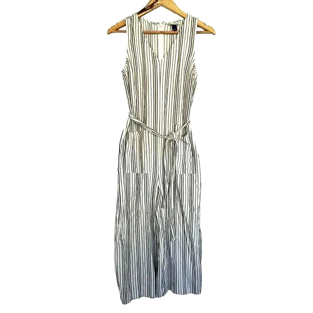 Wide Leg Cotton Jumpsuit Cream & Gray Striped Crop Universal Thread Size XS
